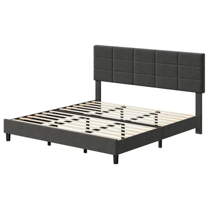 Linen-Finished Platform Bed Frame with Solid Wood Slats and Supportive Base
