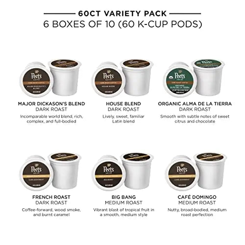 Peet’s Coffee Bestseller Variety Pack: Major Dickason’s, Big Bang, French Roast, Café Domingo, Organic Alma De La Tierra, House Blend (60 Count)