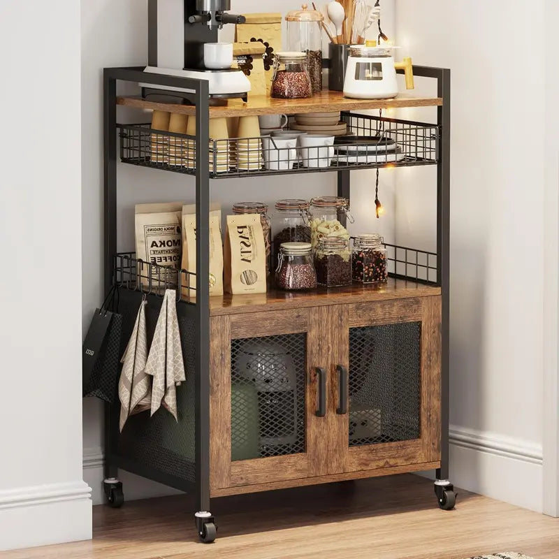 Rustic Brown 3-Tier Mobile Coffee Station — Bar Cart with Wire Basket Drawer, Hooks & Liquor Storage