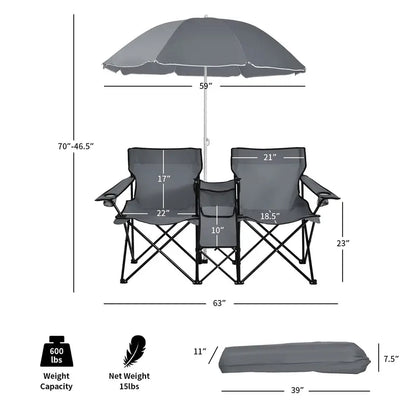 Compact Double Picnic Chair Set with Umbrella, Mini Table, Beverage Holders & Carry Bag