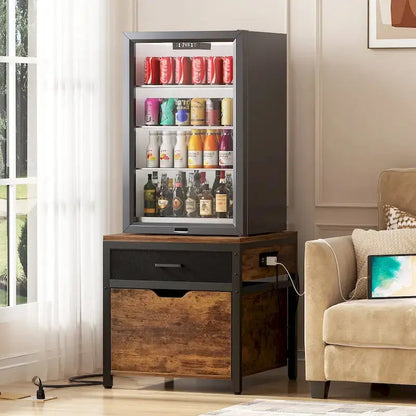 Compact Fridge Stand with Built-in Charging Station, Storage Drawers, and Mobile Cabinet Design