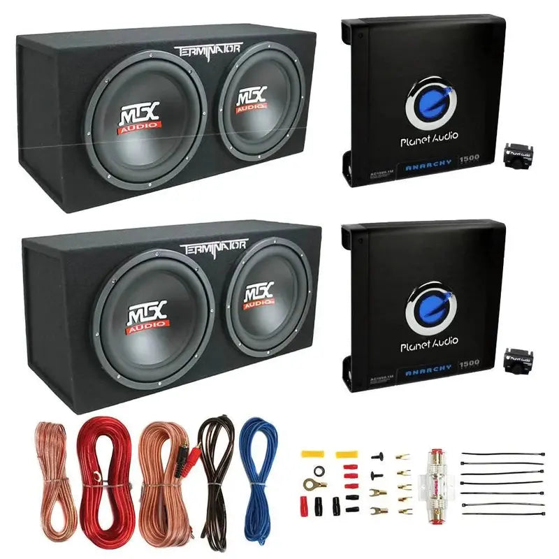 MTX TNE212D 12-Inch Subwoofer Bundle  Includes Dual Subs, Monoblock Amplifier Pair, and Complete Wiring Kit