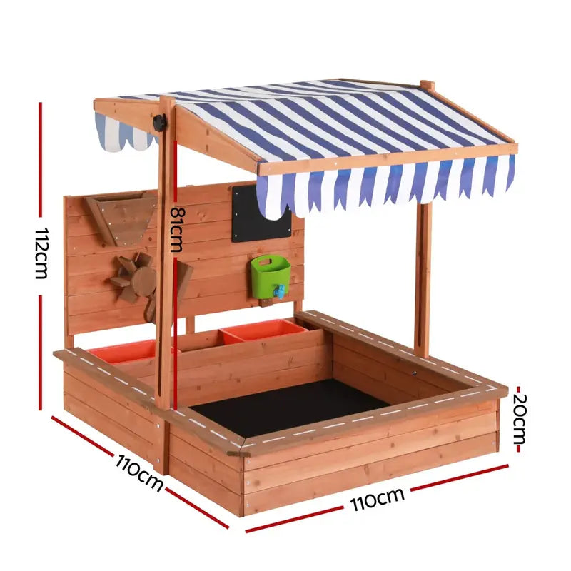 Keezi Wooden Kids Sandpit with Adjustable Canopy & Protective Cover