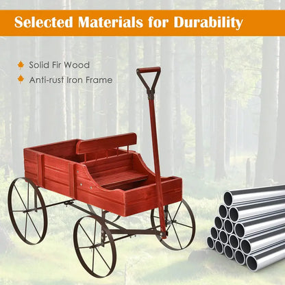 Wooden Wheeled Wagon Planter  Decorative Rolling Garden Planter for Patios and Landscapes