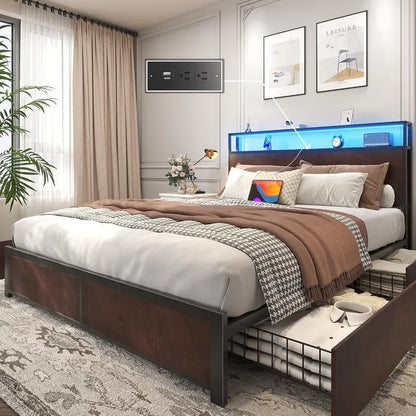 Lifezone Queen Platform Bed Frame  Metal Construction with 2-Tier Storage Headboard & 4 Under-Bed Drawers