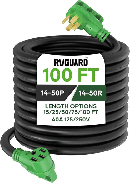 100-Foot NEMA 14-50 RV/EV Extension Cord  40A Heavy-Duty Cable with LED Power Indicator & Integrated Cord Organizer (Green)