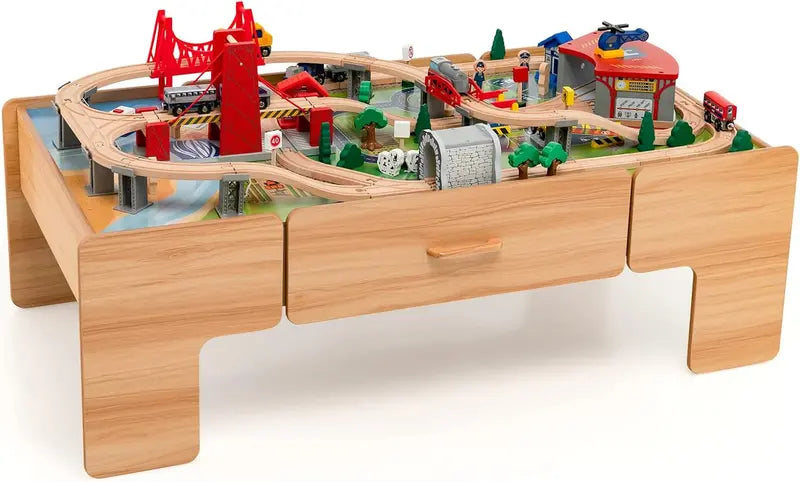 Wooden Dual-Activity Kids’ Table with Flip-Up Top & Built-In Storage  100-Piece Train Set Featuring Tracks, Cars, and Accessories for Ages 3+
