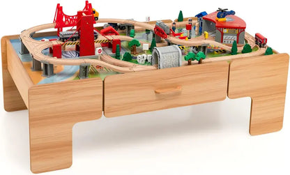 Wooden Dual-Activity Kids’ Table with Flip-Up Top & Built-In Storage  100-Piece Train Set Featuring Tracks, Cars, and Accessories for Ages 3+