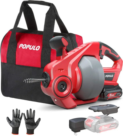POPULO Electric Drain Auger，25Ft Plumbing Snake Drain Clog Remover Tools, Cordless Drain Cleaner