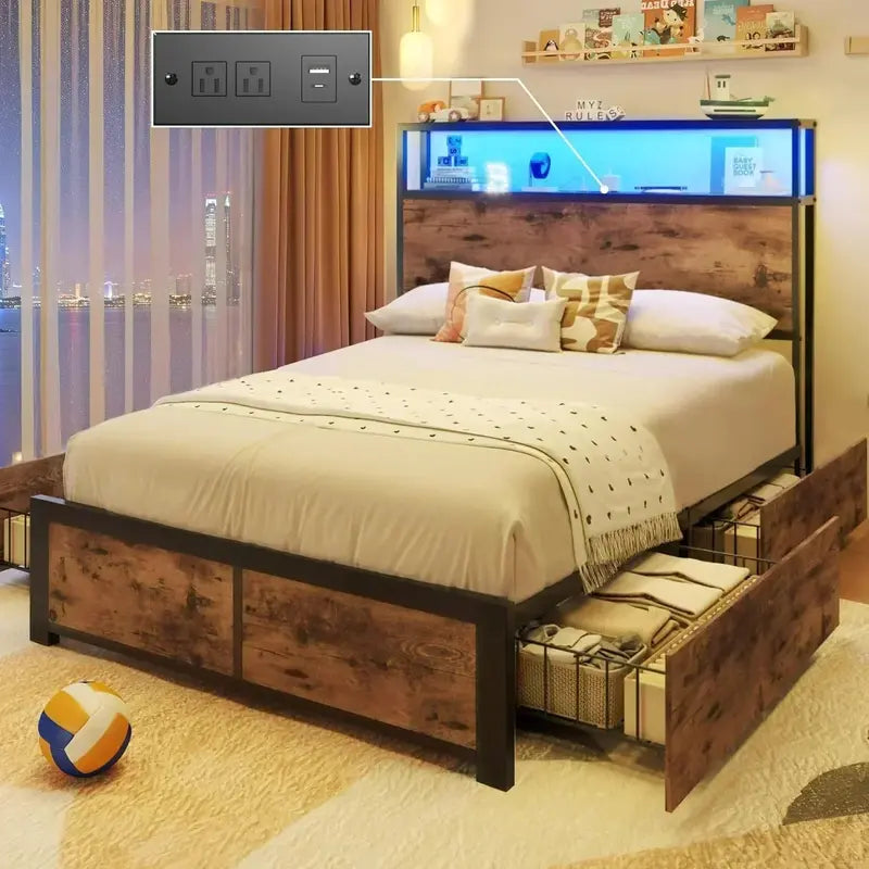 Lifezone Queen Platform Bed Frame  Metal Construction with 2-Tier Storage Headboard & 4 Under-Bed Drawers
