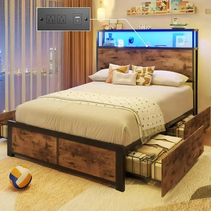 Lifezone Queen Platform Bed Frame  Metal Construction with 2-Tier Storage Headboard & 4 Under-Bed Drawers