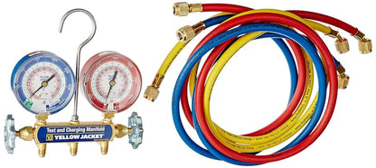 Yellow Jacket 42004 Manifold Set, 60″ Hoses, R-22/404A/410A Compatible, 3-1/8″ Gauges