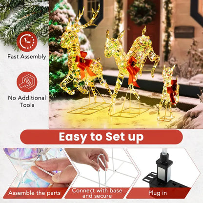 Three-Light LED Reindeer Set — Festive Outdoor Xmas Decor with Red Bows