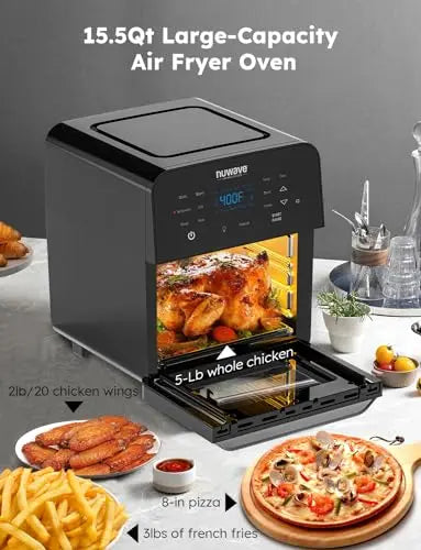 Nuwave Brio Air Fryer Oven  15.5 Qt X-Large Capacity, Rotisserie Kit, Grill/Griddle Plate, 1800W Smart Thermometer, Black