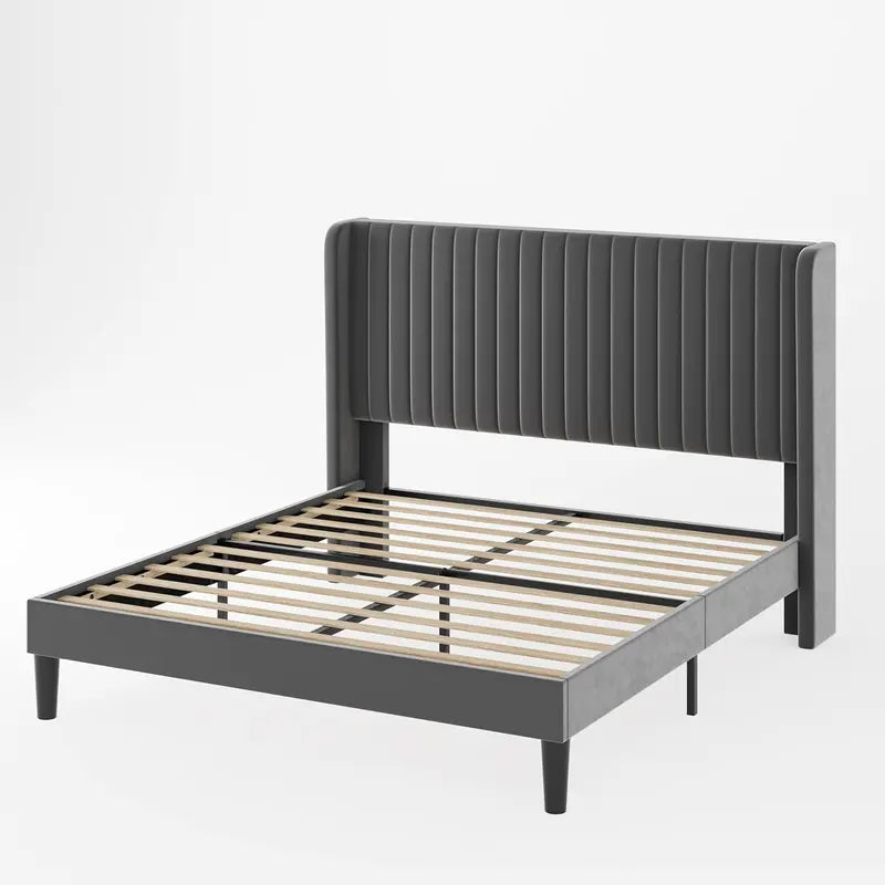 Allewie Full Size Velvet Wingback Bed  Channel-Tufted Upholstered Frame with Vertical Headboard