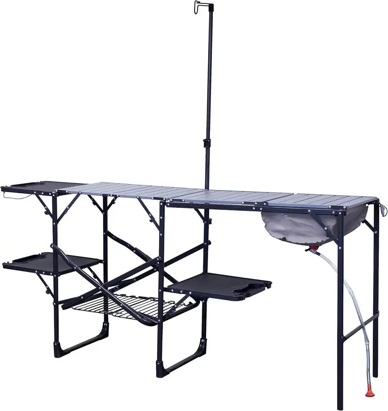 Foldable Portable Kitchen Station with Soft-Shell Sink, Heat-Resistant Surface & Adjustable Lantern Pole for Camping