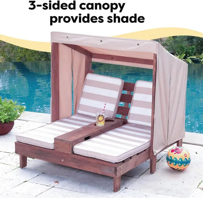 KidKraft Honey-Finished Outdoor Double Chaise Lounge  Navy & White Striped Fabric, Ages 38