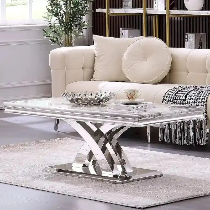 Modern 48-Inch Rectangular Coffee Table with X-Base Pedestal Design