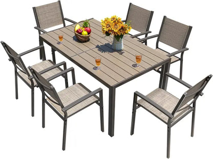 Homall 7-Piece Patio Dining Set — Large Brown Table + 6 Textilene Chairs, Weather-Resistant Outdoor Furniture for Porch or Deck