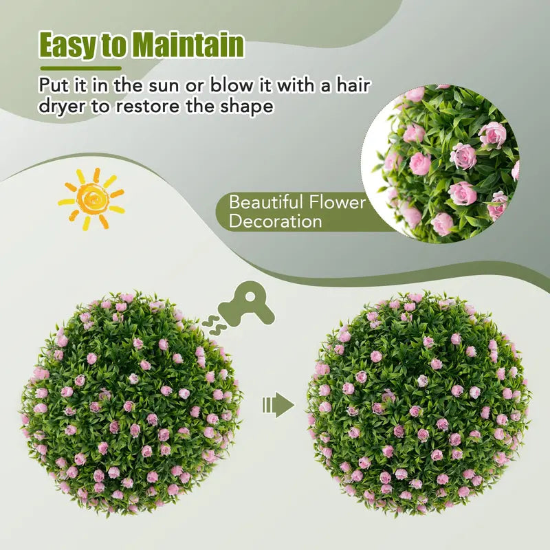 Dual 17.5-Inch Faux Greenery Topiary Balls with Pink Floral Accents for Exterior Use