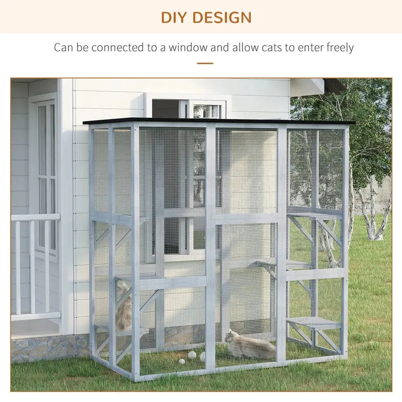 PAWHUT Large Wooden Catio Enclosure  Weatherproof Outdoor Cat Haven with Six Tiered Platforms (71″ x 38.5″ x 71″)
