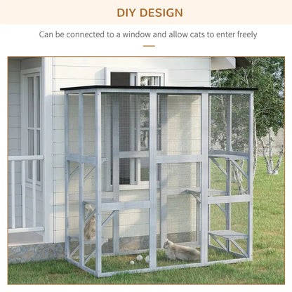PAWHUT Large Wooden Catio Enclosure  Weatherproof Outdoor Cat Haven with Six Tiered Platforms (71″ x 38.5″ x 71″)