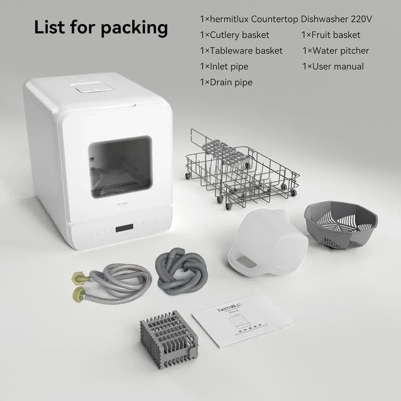 Hermitlux Countertop Mini Dishwasher  7-Program Portable Unit with 5L Built-in Tank, LED Display, Glass Door, No Plumbing Required