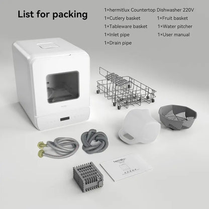 Hermitlux Countertop Mini Dishwasher  7-Program Portable Unit with 5L Built-in Tank, LED Display, Glass Door, No Plumbing Required