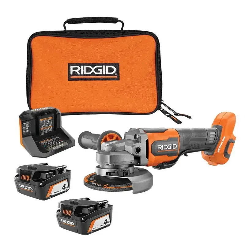 RIDGID R86047B-AC93044SBN 18V Brushless Angle Grinder Kit with Batteries, Charger, and Carry Bag