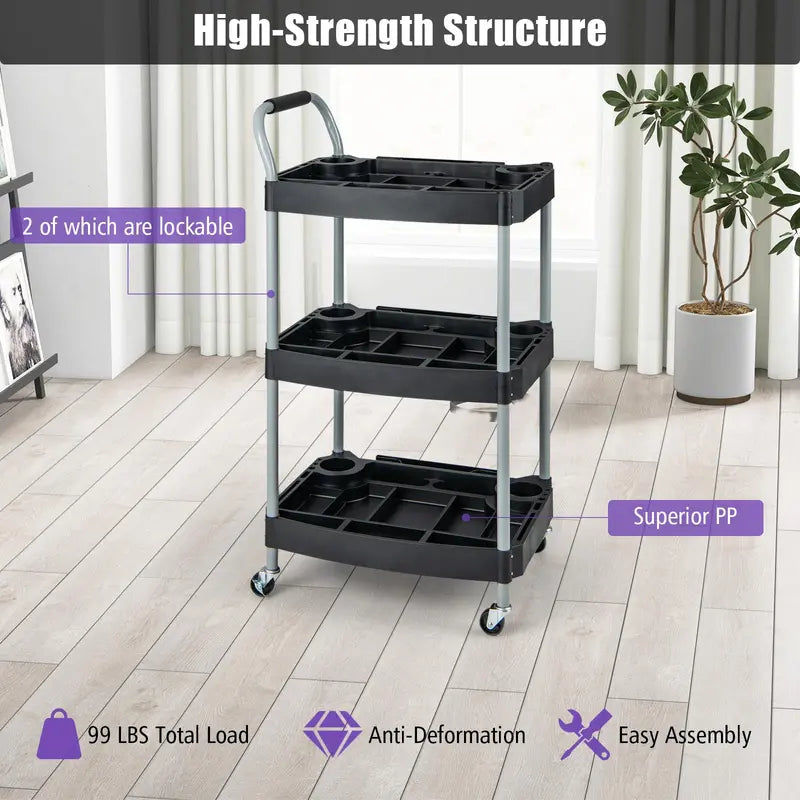 Mobile 3-Tier Tool Cart with Locking Casters and Organized Storage Compartments