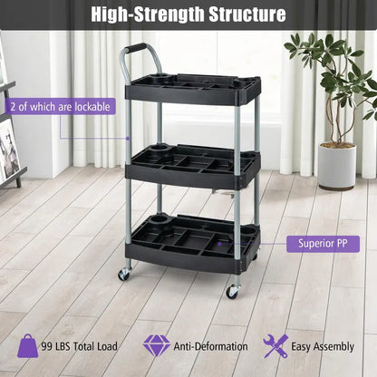 Mobile 3-Tier Tool Cart with Locking Casters and Organized Storage Compartments