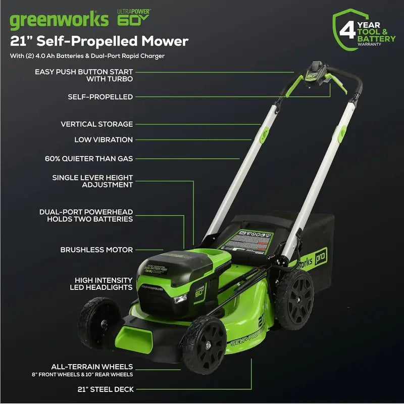 60V Self-Propelled Cordless Lawn Mower with Dual 4.0Ah Batteries and Rapid Charger
