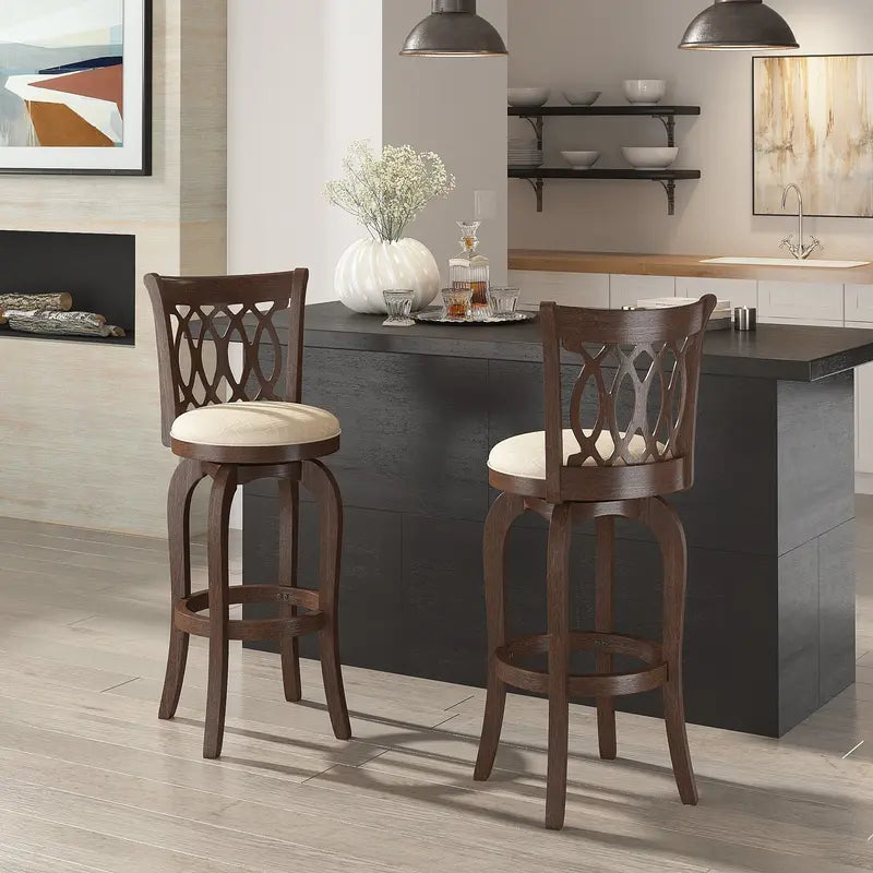 Elegant Scroll-Back Swivel Bar Stool with Metallic Accents and Comfort Upholstery