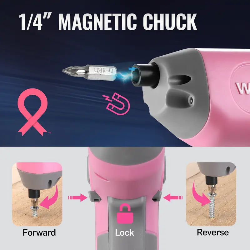 WORKPRO 3.6V Offset-Shaft Cordless Screwdriver  22-Piece Bit Set in Pink Ribbon Packaging