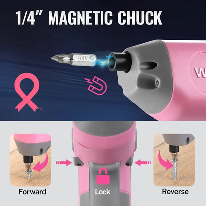 WORKPRO 3.6V Offset-Shaft Cordless Screwdriver  22-Piece Bit Set in Pink Ribbon Packaging