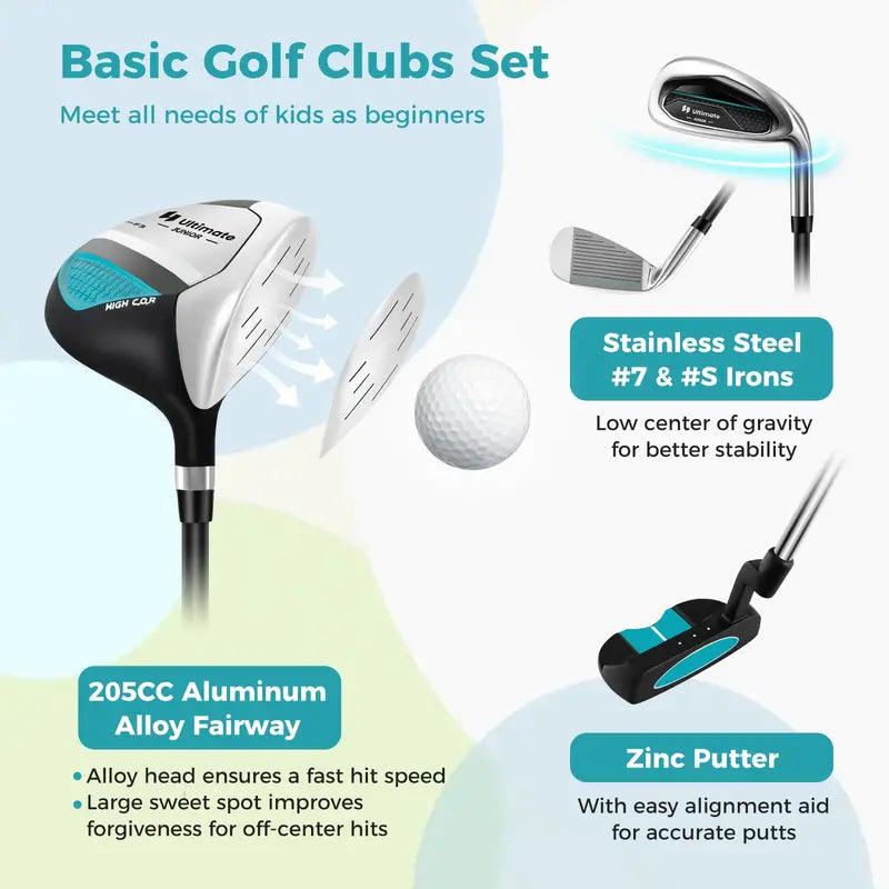 Junior Right-Handed Golf Club Set for Kids Including Stand Bag & Weatherproof Rain Hood