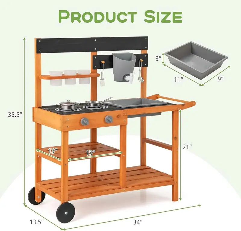 OLAKIDS Outdoor Mud Kitchen Playset  Rolling Wooden Kids’ Cooking Station with Removable Sink, Accessories, and All-Terrain Wheels for Ages 3+