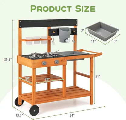 OLAKIDS Outdoor Mud Kitchen Playset  Rolling Wooden Kids’ Cooking Station with Removable Sink, Accessories, and All-Terrain Wheels for Ages 3+