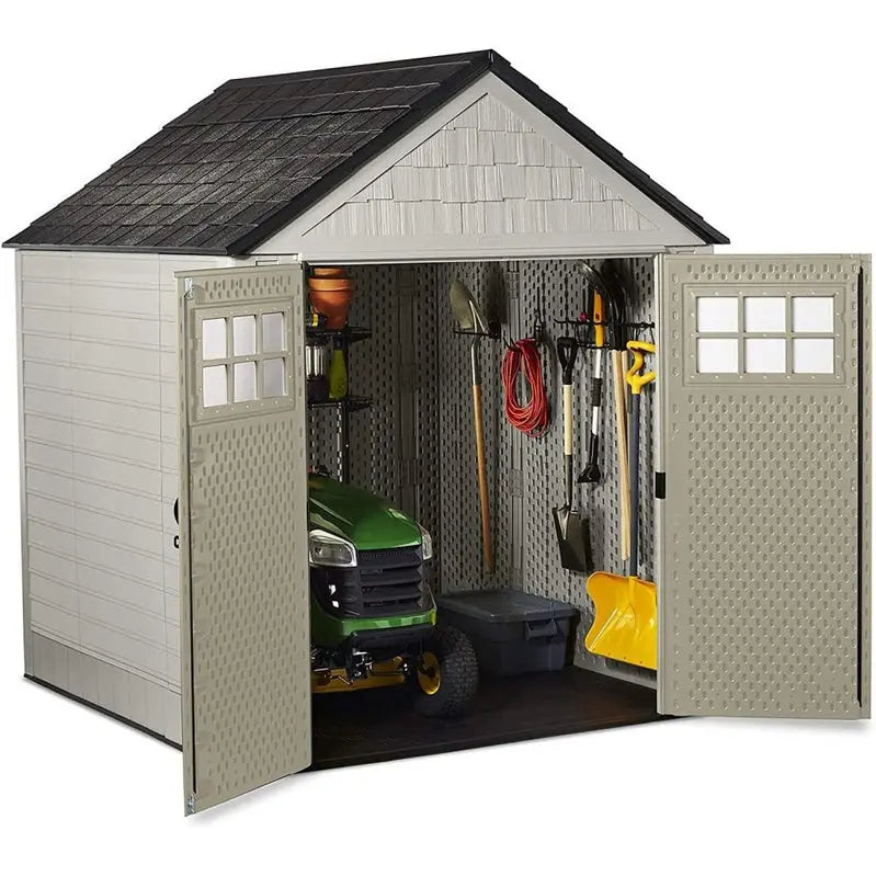 Rubbermaid 7′ x 7′ Weather-Resistant Resin Garden Shed  Sand Finish with Windows