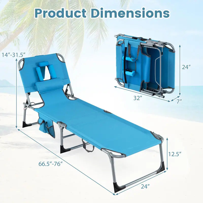 Adjustable Beach Lounge Chair  Folding Sun Lounger with 4-Position Reclining Backrest