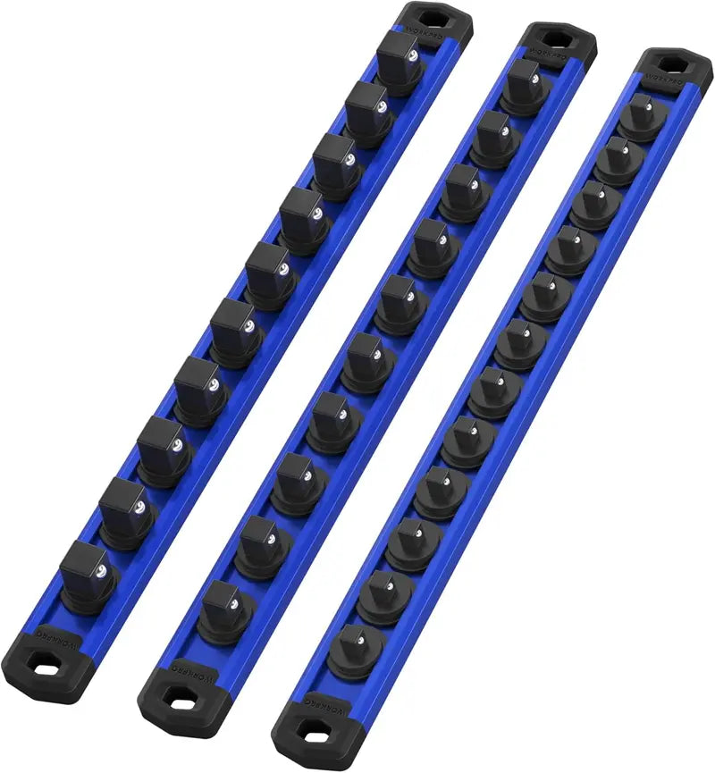 WORKPRO Aluminum Magnetic Socket Organizer  3-Piece Set for 1/4″, 3/8″, and 1/2″ Sockets