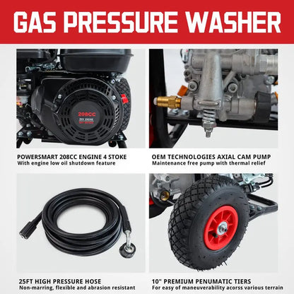 PowerSmart 3200 PSI Gas Pressure Washer, 2.5 GPM, 5 Nozzles, 208cc Engine, CARB Compliant