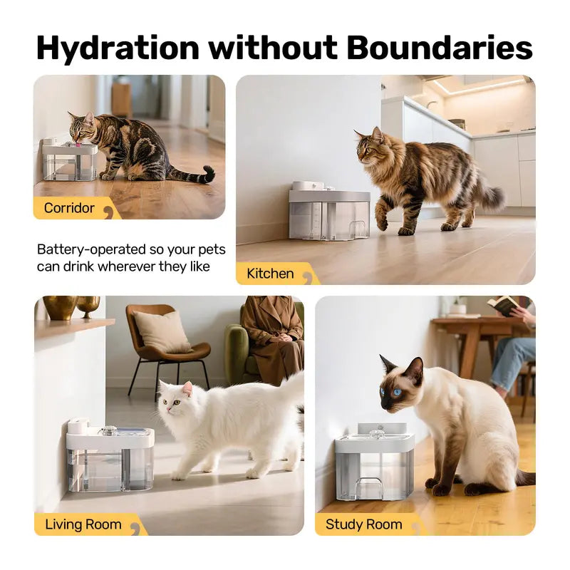 Cat Water Fountain  3L Battery-Powered Dual-Tank Design with Stainless Steel Tray, No Filter Required