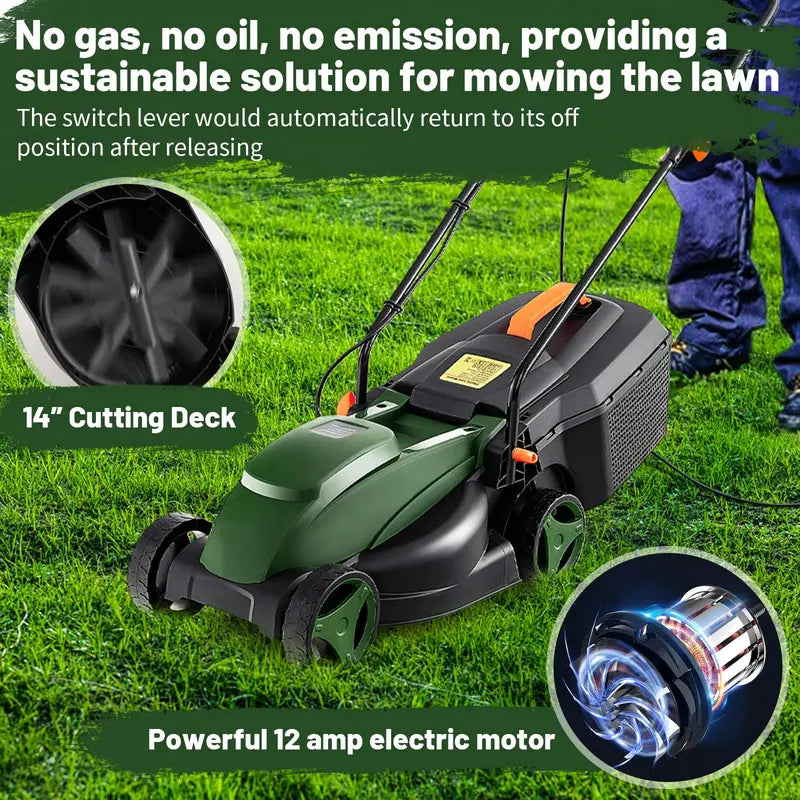 Corded Electric Lawn Mower, 12-Amp 14-Inch Dual-Mode Cutting System