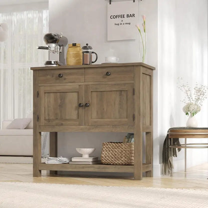 HOSTACK Farmhouse Console Table  Rustic Brown Entryway or Coffee Bar with Cabinet, Drawers & Shelf