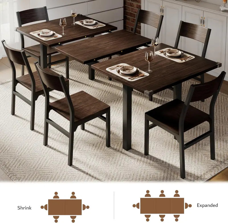 Espresso 7-Piece Extendable Dining Set: 63″ MDF Table + 6 Metal-Frame Chairs for Small-Space Living