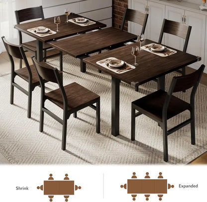 Espresso 7-Piece Extendable Dining Set: 63″ MDF Table + 6 Metal-Frame Chairs for Small-Space Living