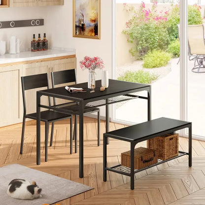 Gizoon 4-Piece Kitchen Dining Set with Storage Racks  Table, 2 Chairs & Bench, Space-Saving Design