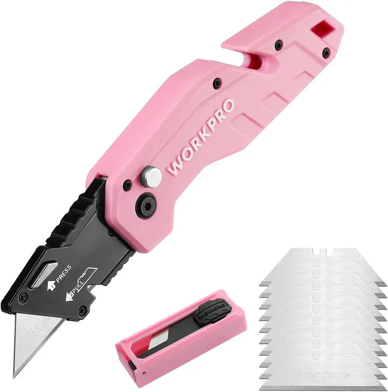 WORKPRO Folding Utility Knife — Includes 10 Replacement Blades, Pink Ribbon Design