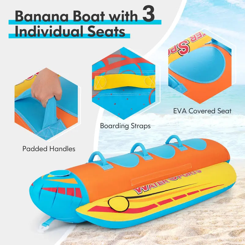 Three-Passenger Banana Towable Tube  EVA-Padded Seats for Boating and Water Sports
